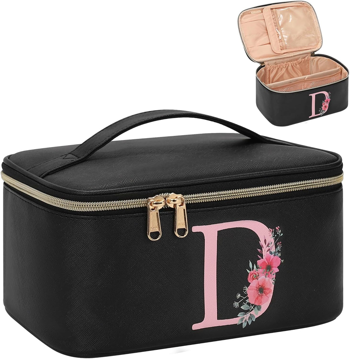 Initial Makeup Bag,Monogram Make up Bag Black Travel Makeup Organizer Case Beauty Toiletry Cosmetic Bag with Brush Holder, Trendy Stuff Personalized Gifts for Women and Girls-D