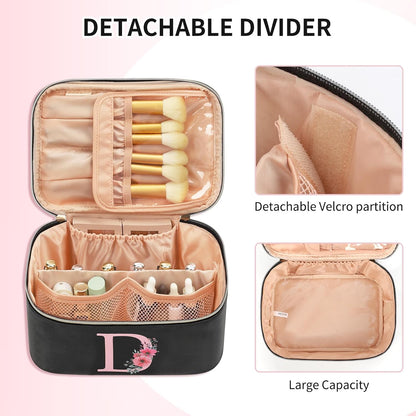 Initial Makeup Bag,Monogram Make up Bag Black Travel Makeup Organizer Case Beauty Toiletry Cosmetic Bag with Brush Holder, Trendy Stuff Personalized Gifts for Women and Girls-D