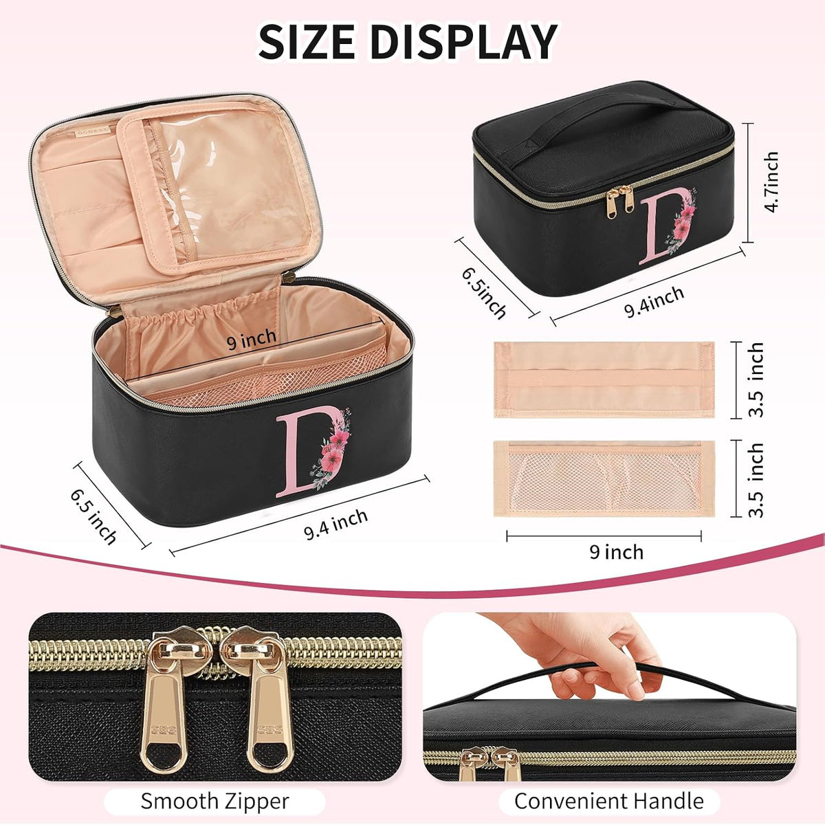 Initial Makeup Bag,Monogram Make up Bag Black Travel Makeup Organizer Case Beauty Toiletry Cosmetic Bag with Brush Holder, Trendy Stuff Personalized Gifts for Women and Girls-D
