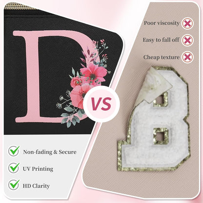 Initial Makeup Bag,Monogram Make up Bag Black Travel Makeup Organizer Case Beauty Toiletry Cosmetic Bag with Brush Holder, Trendy Stuff Personalized Gifts for Women and Girls-D