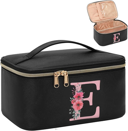 Initial Makeup Bag,Monogram Make up Bag Black Travel Makeup Organizer Case Beauty Toiletry Cosmetic Bag with Brush Holder, Trendy Stuff Personalized Gifts for Women and Girls-D