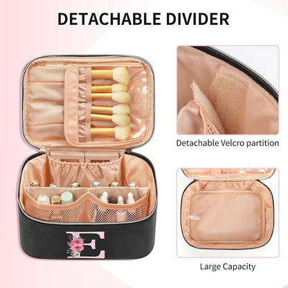 Initial Makeup Bag,Monogram Make up Bag Black Travel Makeup Organizer Case Beauty Toiletry Cosmetic Bag with Brush Holder, Trendy Stuff Personalized Gifts for Women and Girls-D