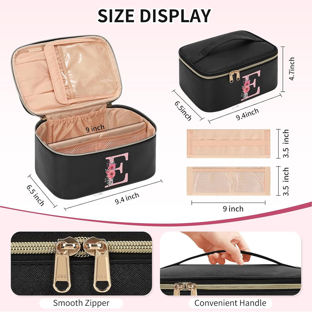 Initial Makeup Bag,Monogram Make up Bag Black Travel Makeup Organizer Case Beauty Toiletry Cosmetic Bag with Brush Holder, Trendy Stuff Personalized Gifts for Women and Girls-D