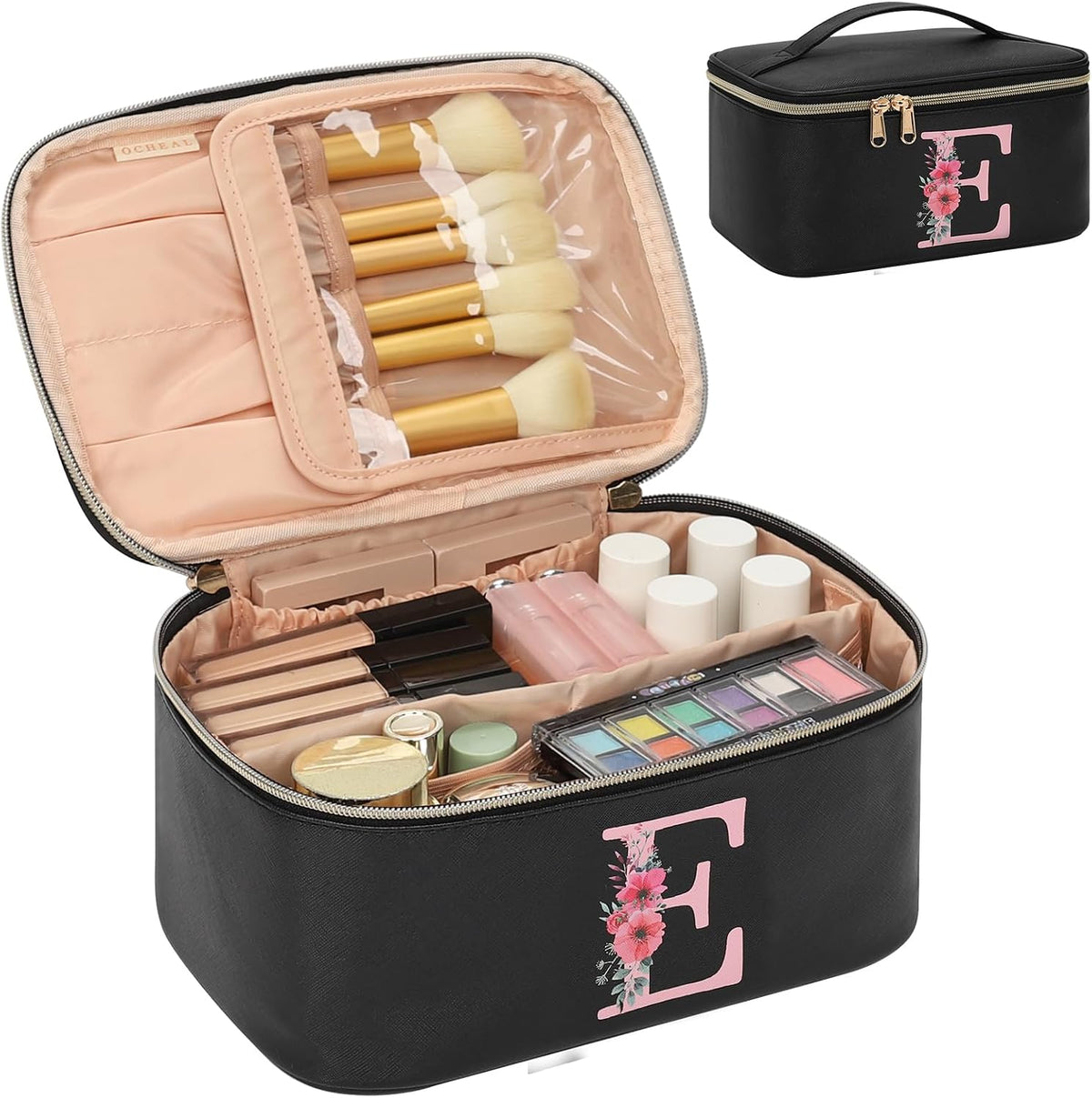 Initial Makeup Bag,Monogram Make up Bag Black Travel Makeup Organizer Case Beauty Toiletry Cosmetic Bag with Brush Holder, Trendy Stuff Personalized Gifts for Women and Girls-D