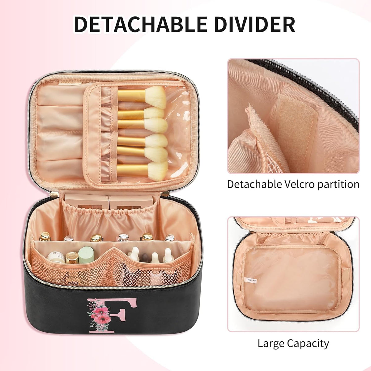 Initial Makeup Bag,Monogram Make up Bag Black Travel Makeup Organizer Case Beauty Toiletry Cosmetic Bag with Brush Holder, Trendy Stuff Personalized Gifts for Women and Girls-D