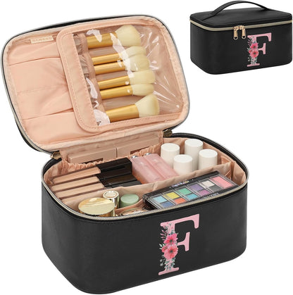 Initial Makeup Bag,Monogram Make up Bag Black Travel Makeup Organizer Case Beauty Toiletry Cosmetic Bag with Brush Holder, Trendy Stuff Personalized Gifts for Women and Girls-D