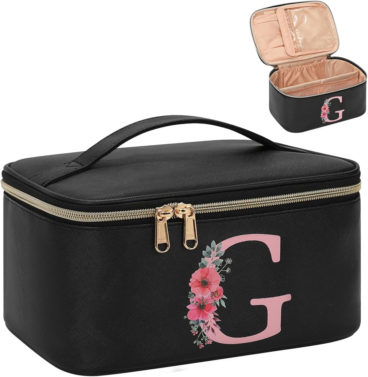 Initial Makeup Bag,Monogram Make up Bag Black Travel Makeup Organizer Case Beauty Toiletry Cosmetic Bag with Brush Holder, Trendy Stuff Personalized Gifts for Women and Girls-D