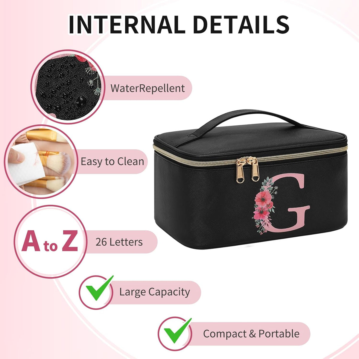 Initial Makeup Bag,Monogram Make up Bag Black Travel Makeup Organizer Case Beauty Toiletry Cosmetic Bag with Brush Holder, Trendy Stuff Personalized Gifts for Women and Girls-D