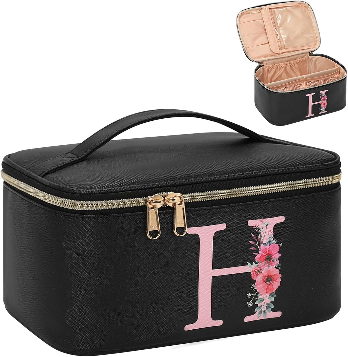 Initial Makeup Bag,Monogram Make up Bag Black Travel Makeup Organizer Case Beauty Toiletry Cosmetic Bag with Brush Holder, Trendy Stuff Personalized Gifts for Women and Girls-D