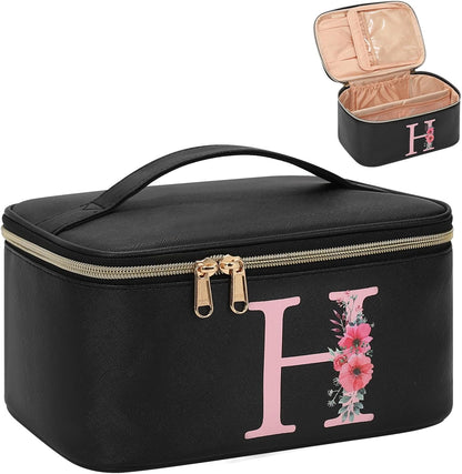 Initial Makeup Bag,Monogram Make up Bag Black Travel Makeup Organizer Case Beauty Toiletry Cosmetic Bag with Brush Holder, Trendy Stuff Personalized Gifts for Women and Girls-D