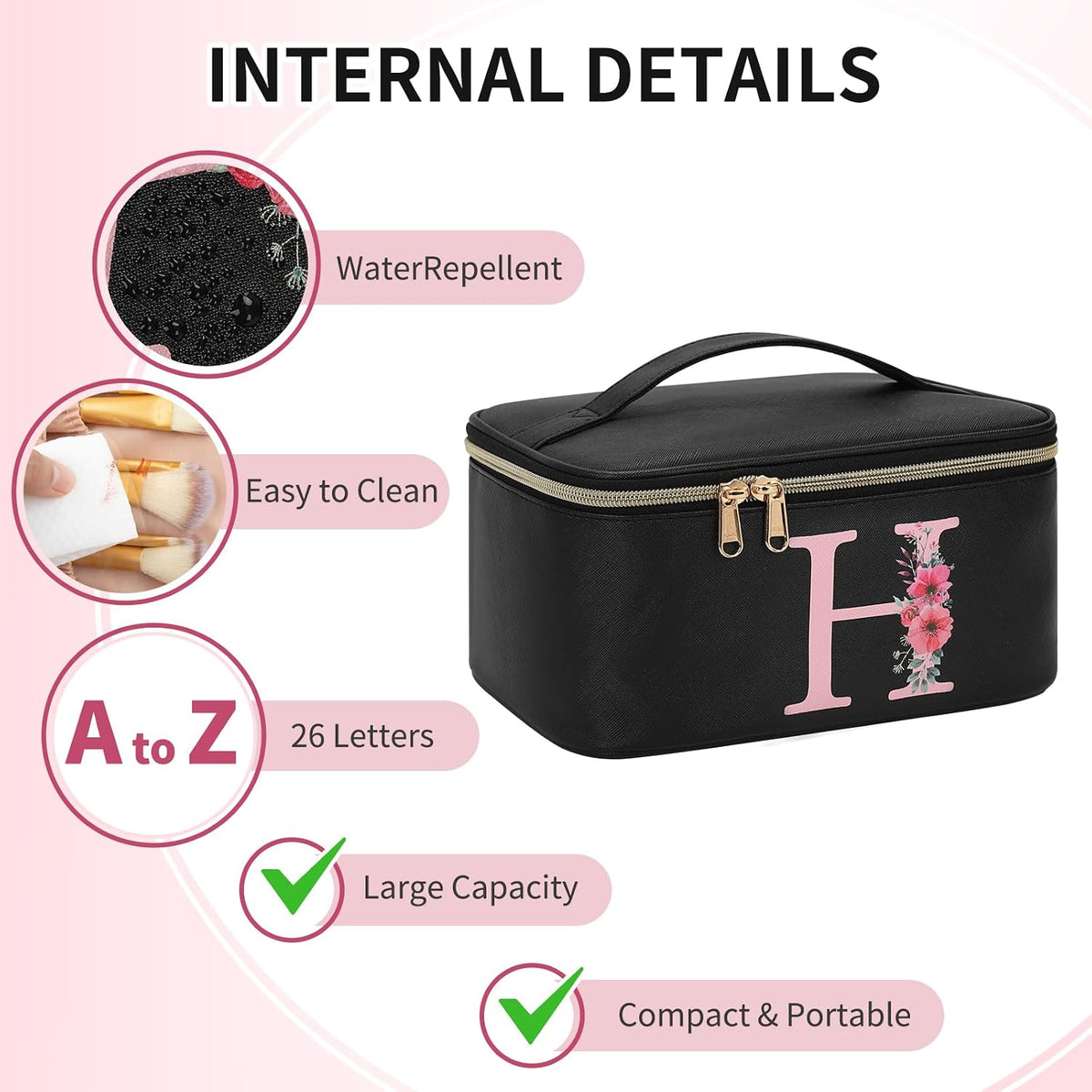 Initial Makeup Bag,Monogram Make up Bag Black Travel Makeup Organizer Case Beauty Toiletry Cosmetic Bag with Brush Holder, Trendy Stuff Personalized Gifts for Women and Girls-D