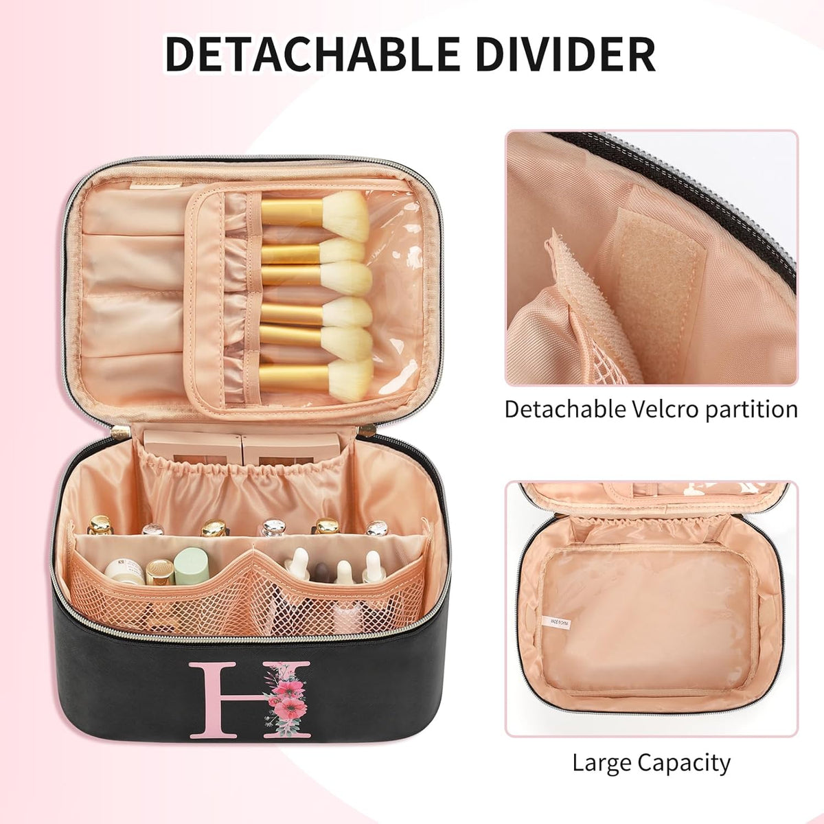 Initial Makeup Bag,Monogram Make up Bag Black Travel Makeup Organizer Case Beauty Toiletry Cosmetic Bag with Brush Holder, Trendy Stuff Personalized Gifts for Women and Girls-D