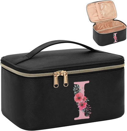 Initial Makeup Bag,Monogram Make up Bag Black Travel Makeup Organizer Case Beauty Toiletry Cosmetic Bag with Brush Holder, Trendy Stuff Personalized Gifts for Women and Girls-D