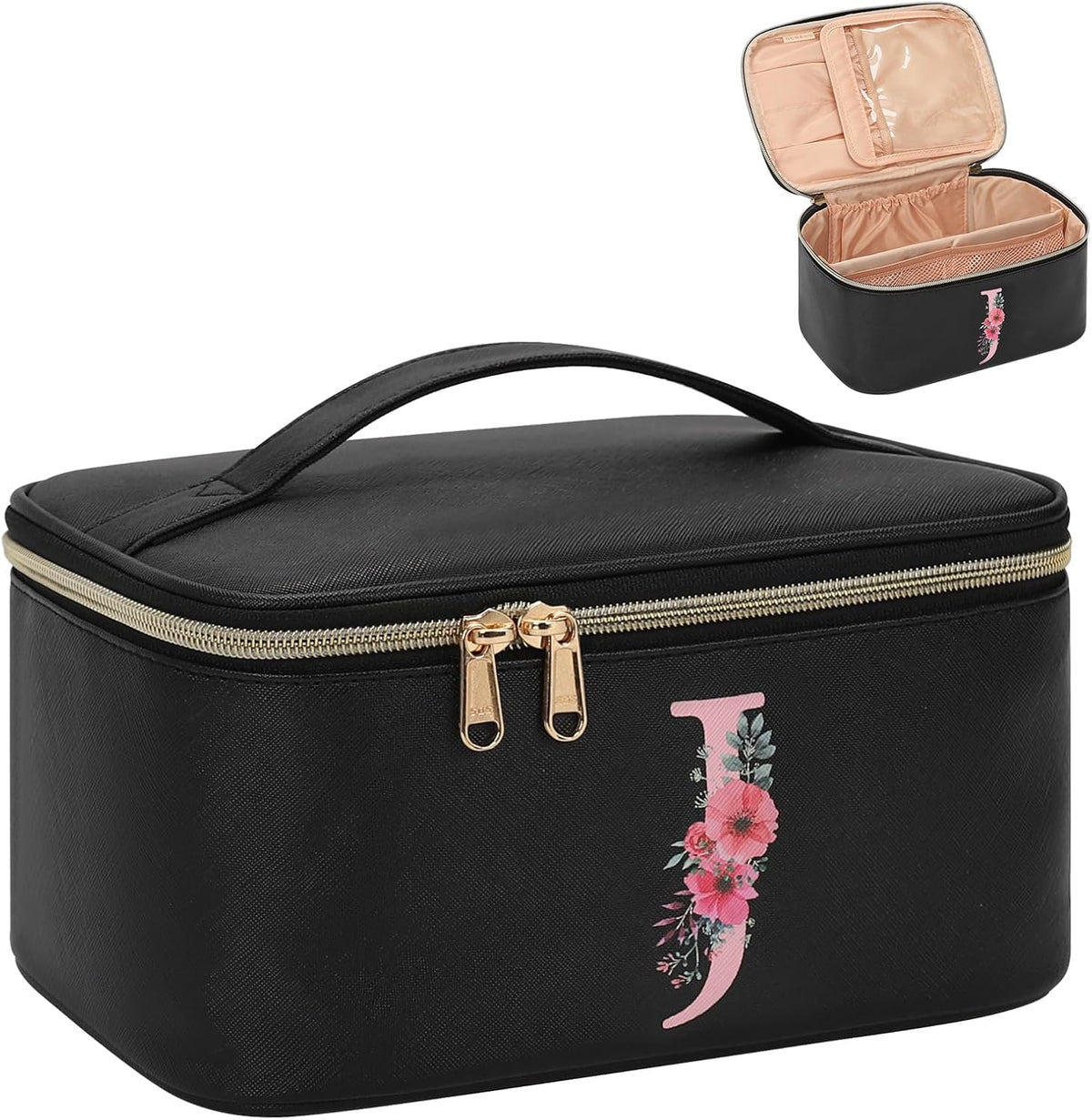 Initial Makeup Bag,Monogram Make up Bag Black Travel Makeup Organizer Case Beauty Toiletry Cosmetic Bag with Brush Holder, Trendy Stuff Personalized Gifts for Women and Girls-D