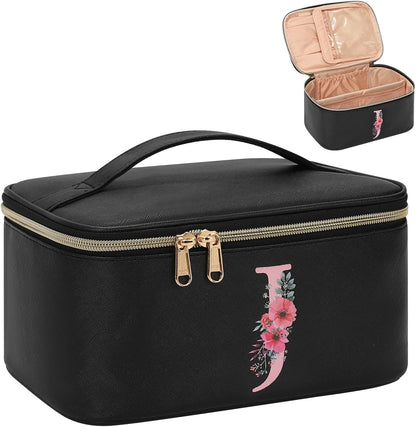 Initial Makeup Bag,Monogram Make up Bag Black Travel Makeup Organizer Case Beauty Toiletry Cosmetic Bag with Brush Holder, Trendy Stuff Personalized Gifts for Women and Girls-D