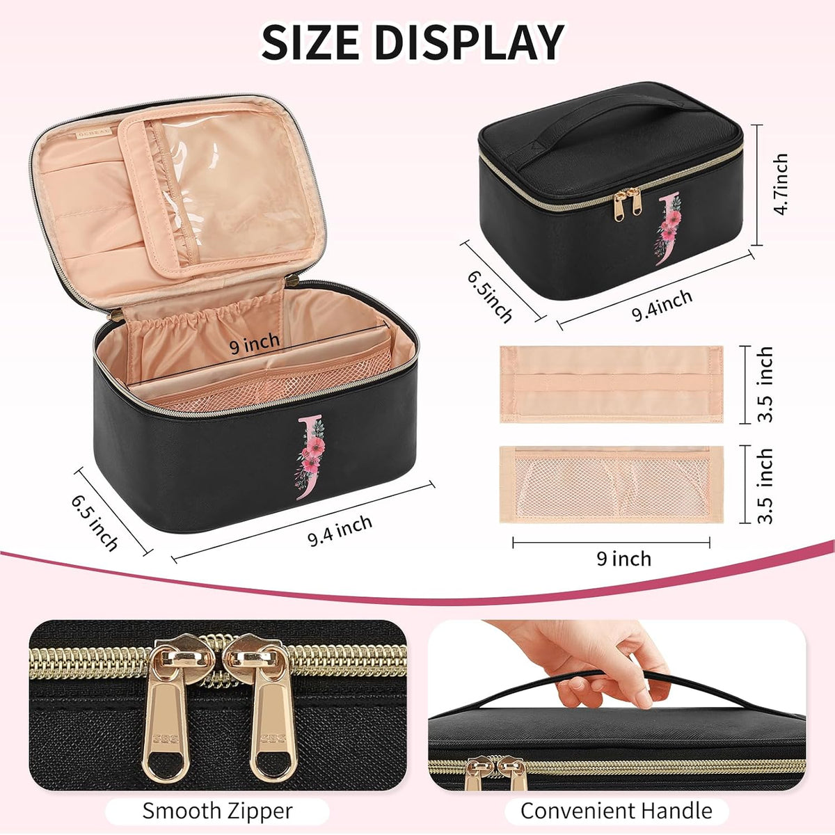Initial Makeup Bag,Monogram Make up Bag Black Travel Makeup Organizer Case Beauty Toiletry Cosmetic Bag with Brush Holder, Trendy Stuff Personalized Gifts for Women and Girls-D