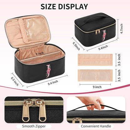 Initial Makeup Bag,Monogram Make up Bag Black Travel Makeup Organizer Case Beauty Toiletry Cosmetic Bag with Brush Holder, Trendy Stuff Personalized Gifts for Women and Girls-D
