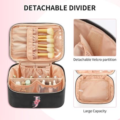 Initial Makeup Bag,Monogram Make up Bag Black Travel Makeup Organizer Case Beauty Toiletry Cosmetic Bag with Brush Holder, Trendy Stuff Personalized Gifts for Women and Girls-D