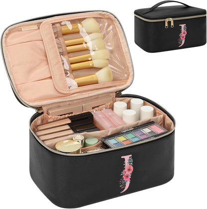 Initial Makeup Bag,Monogram Make up Bag Black Travel Makeup Organizer Case Beauty Toiletry Cosmetic Bag with Brush Holder, Trendy Stuff Personalized Gifts for Women and Girls-D