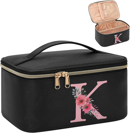 Initial Makeup Bag,Monogram Make up Bag Black Travel Makeup Organizer Case Beauty Toiletry Cosmetic Bag with Brush Holder, Trendy Stuff Personalized Gifts for Women and Girls-D