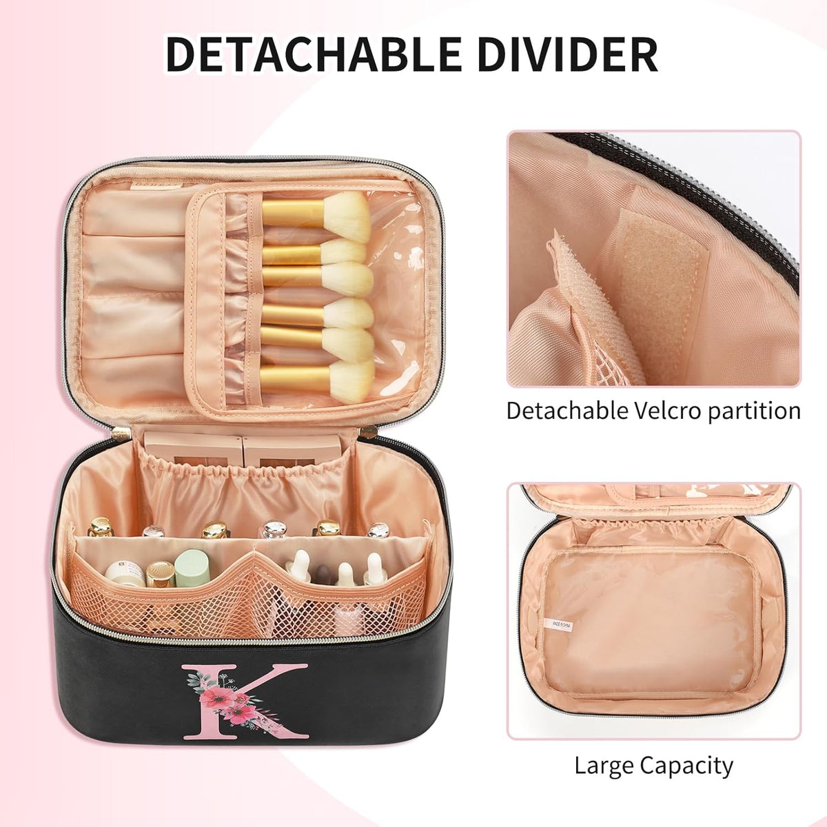 Initial Makeup Bag,Monogram Make up Bag Black Travel Makeup Organizer Case Beauty Toiletry Cosmetic Bag with Brush Holder, Trendy Stuff Personalized Gifts for Women and Girls-D