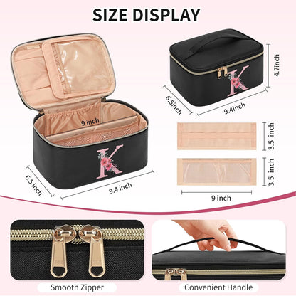 Initial Makeup Bag,Monogram Make up Bag Black Travel Makeup Organizer Case Beauty Toiletry Cosmetic Bag with Brush Holder, Trendy Stuff Personalized Gifts for Women and Girls-D