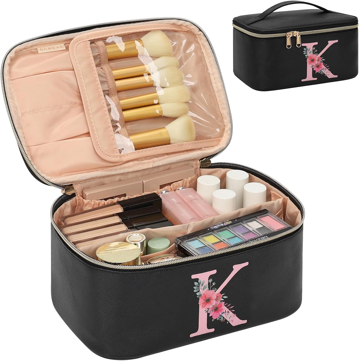 Initial Makeup Bag,Monogram Make up Bag Black Travel Makeup Organizer Case Beauty Toiletry Cosmetic Bag with Brush Holder, Trendy Stuff Personalized Gifts for Women and Girls-D
