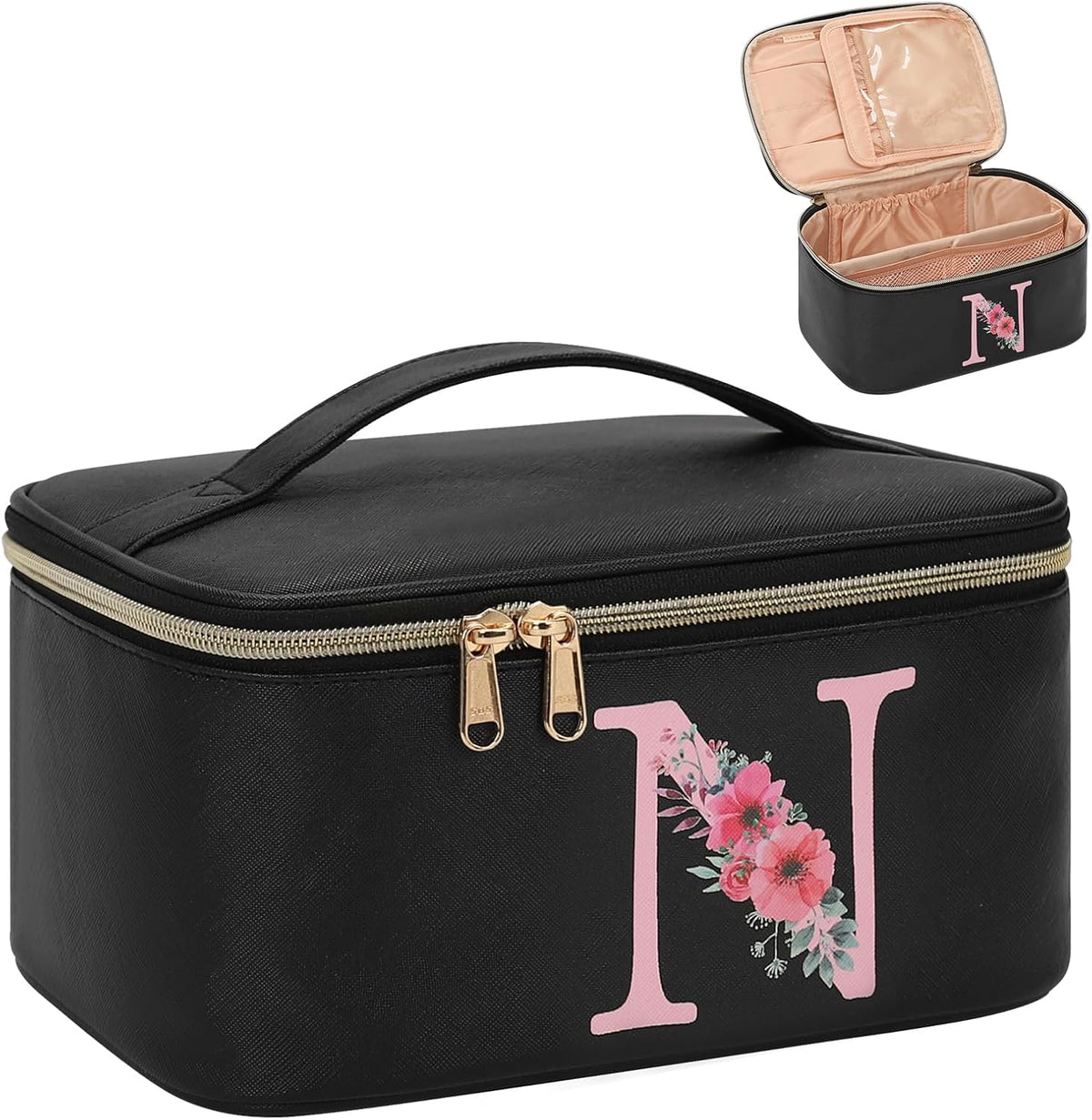 Initial Makeup Bag,Monogram Make up Bag Black Travel Makeup Organizer Case Beauty Toiletry Cosmetic Bag with Brush Holder, Trendy Stuff Personalized Gifts for Women and Girls-D