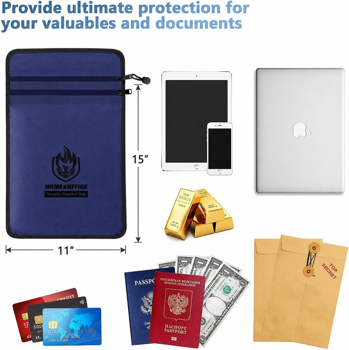 Upgraded Two Pockets Fireproof Document Bag (2000℉), 15”x 11”Waterproof Fireproof Money Bag for Cash with Zipper, Important Document Storage Organizer for Valuables, Legal Documents Safe