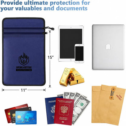 Upgraded Two Pockets Fireproof Document Bag (2000℉), 15”x 11”Waterproof Fireproof Money Bag for Cash with Zipper, Important Document Storage Organizer for Valuables, Legal Documents Safe