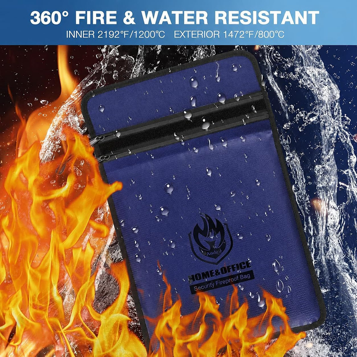 Upgraded Two Pockets Fireproof Document Bag (2000℉), 15”x 11”Waterproof Fireproof Money Bag for Cash with Zipper, Important Document Storage Organizer for Valuables, Legal Documents Safe
