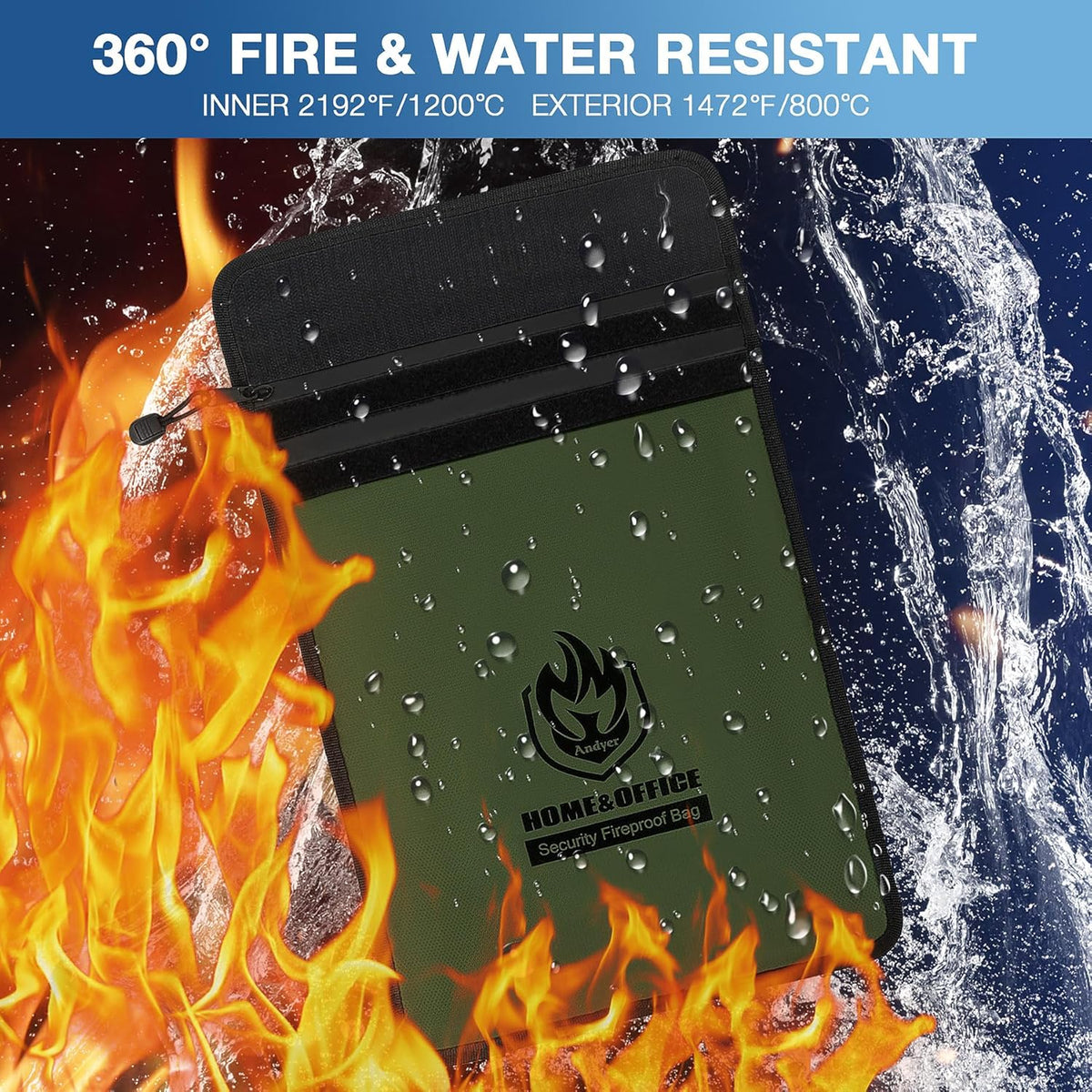 Upgraded Two Pockets Fireproof Document Bag (2000℉), 15”x 11”Waterproof Fireproof Money Bag for Cash with Zipper, Important Document Storage Organizer for Valuables, Legal Documents Safe