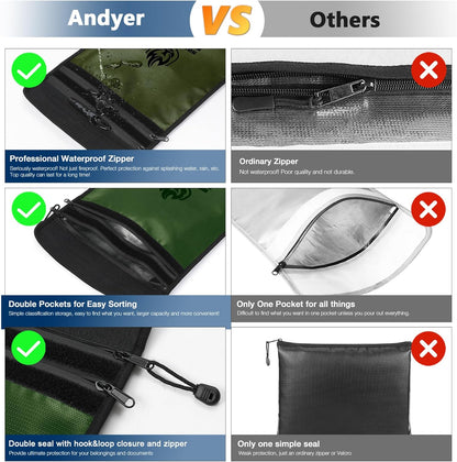 Upgraded Two Pockets Fireproof Document Bag (2000℉), 15”x 11”Waterproof Fireproof Money Bag for Cash with Zipper, Important Document Storage Organizer for Valuables, Legal Documents Safe
