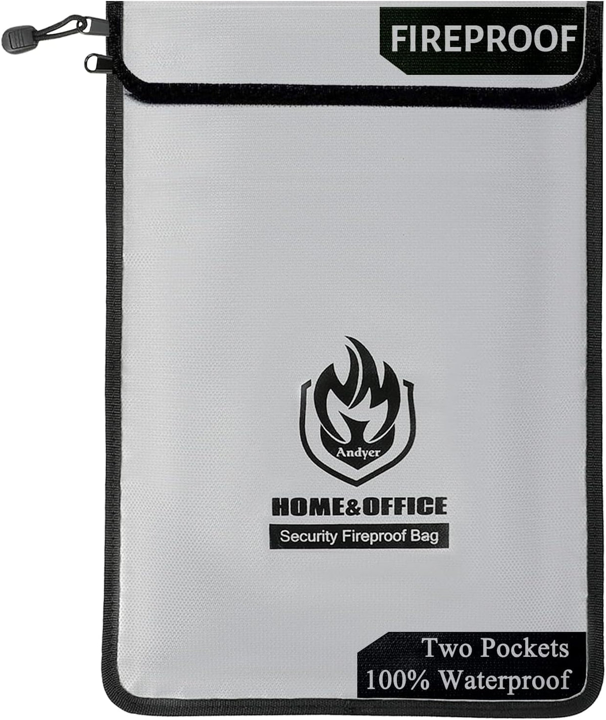 Upgraded Two Pockets Fireproof Document Bag (2000℉), 15”x 11”Waterproof Fireproof Money Bag for Cash with Zipper, Important Document Storage Organizer for Valuables, Legal Documents Safe