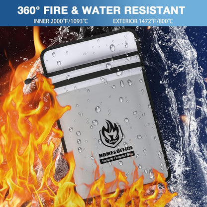 Upgraded Two Pockets Fireproof Document Bag (2000℉), 15”x 11”Waterproof Fireproof Money Bag for Cash with Zipper, Important Document Storage Organizer for Valuables, Legal Documents Safe