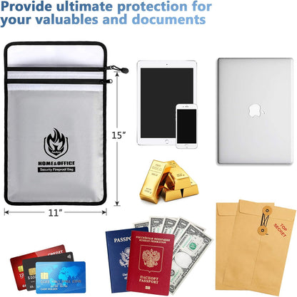 Upgraded Two Pockets Fireproof Document Bag (2000℉), 15”x 11”Waterproof Fireproof Money Bag for Cash with Zipper, Important Document Storage Organizer for Valuables, Legal Documents Safe