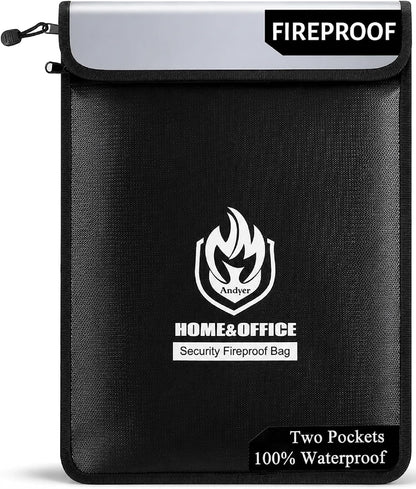 Upgraded Two Pockets Fireproof Document Bag (2000℉), 15”x 11”Waterproof Fireproof Money Bag for Cash with Zipper, Important Document Storage Organizer for Valuables, Legal Documents Safe