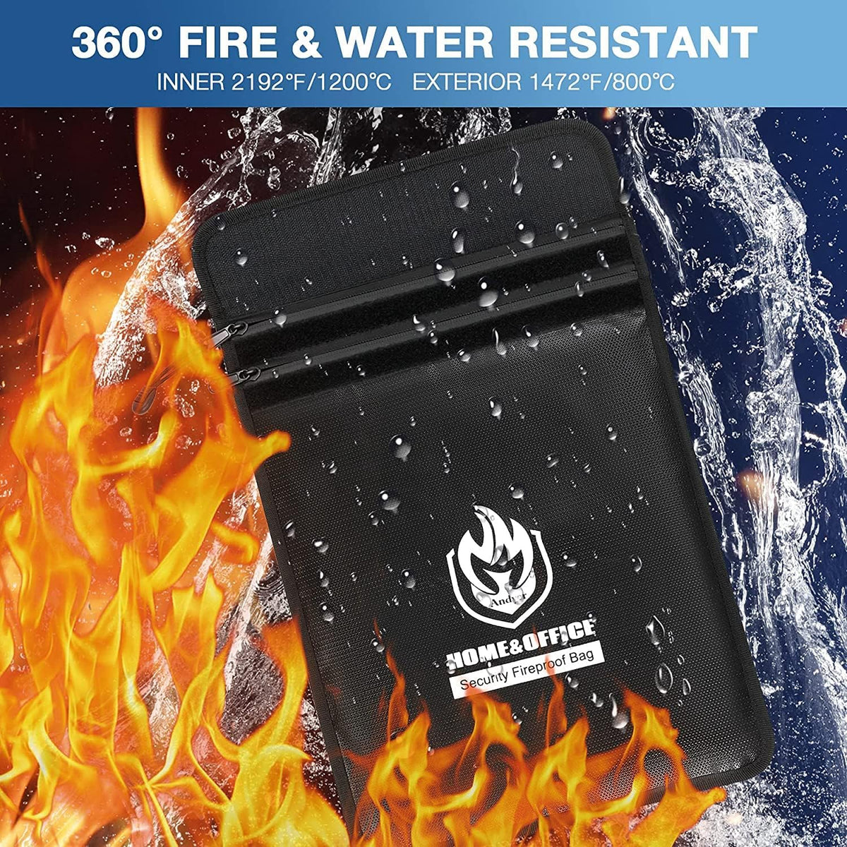 Upgraded Two Pockets Fireproof Document Bag (2000℉), 15”x 11”Waterproof Fireproof Money Bag for Cash with Zipper, Important Document Storage Organizer for Valuables, Legal Documents Safe
