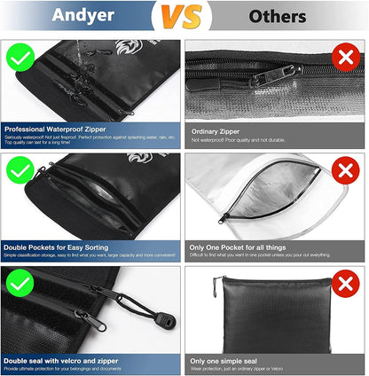 Upgraded Two Pockets Fireproof Document Bag (2000℉), 15”x 11”Waterproof Fireproof Money Bag for Cash with Zipper, Important Document Storage Organizer for Valuables, Legal Documents Safe