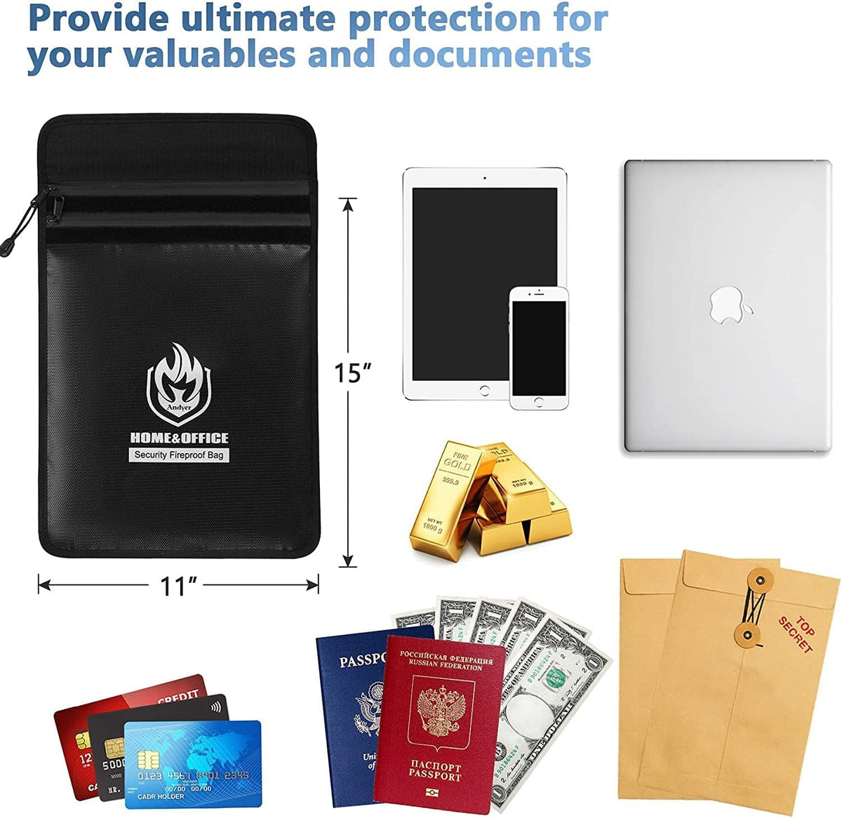 Upgraded Two Pockets Fireproof Document Bag (2000℉), 15”x 11”Waterproof Fireproof Money Bag for Cash with Zipper, Important Document Storage Organizer for Valuables, Legal Documents Safe