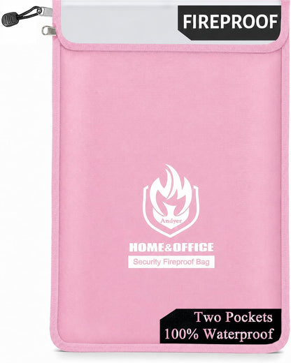 Upgraded Two Pockets Fireproof Document Bag (2000℉), 15”x 11”Waterproof Fireproof Money Bag for Cash with Zipper, Important Document Storage Organizer for Valuables, Legal Documents Safe