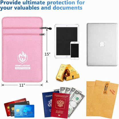 Upgraded Two Pockets Fireproof Document Bag (2000℉), 15”x 11”Waterproof Fireproof Money Bag for Cash with Zipper, Important Document Storage Organizer for Valuables, Legal Documents Safe