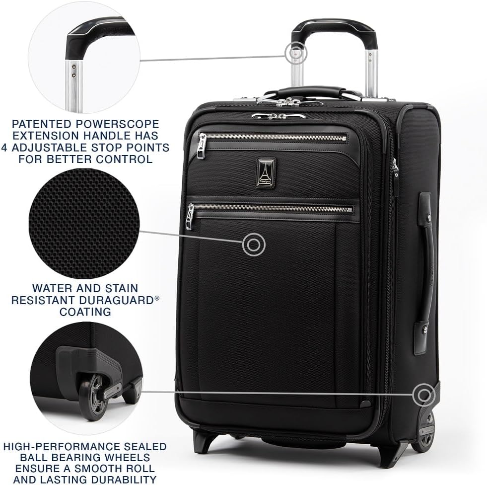Platinum Elite Softside Expandable Carry on Luggage, 2 Wheel Upright Regional Suitcase, USB Port, Men and Women, Shadow Black, Carry On 16-Inch