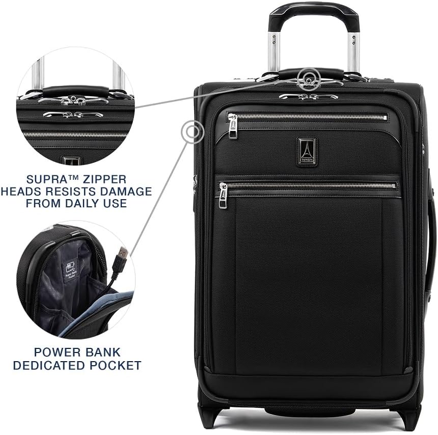Platinum Elite Softside Expandable Carry on Luggage, 2 Wheel Upright Regional Suitcase, USB Port, Men and Women, Shadow Black, Carry On 16-Inch