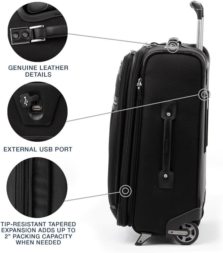 Platinum Elite Softside Expandable Carry on Luggage, 2 Wheel Upright Regional Suitcase, USB Port, Men and Women, Shadow Black, Carry On 16-Inch