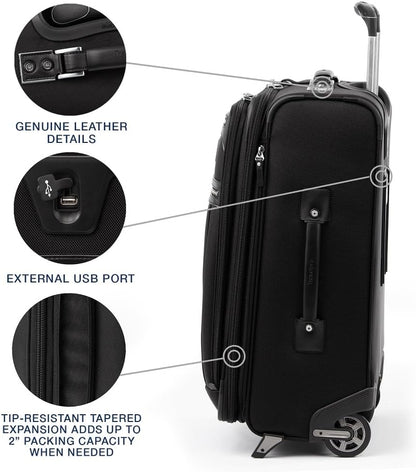 Platinum Elite Softside Expandable Carry on Luggage, 2 Wheel Upright Regional Suitcase, USB Port, Men and Women, Shadow Black, Carry On 16-Inch