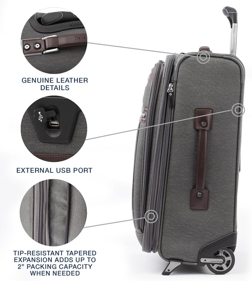 Platinum Elite Softside Expandable Carry on Luggage, 2 Wheel Upright Regional Suitcase, USB Port, Men and Women, Shadow Black, Carry On 16-Inch