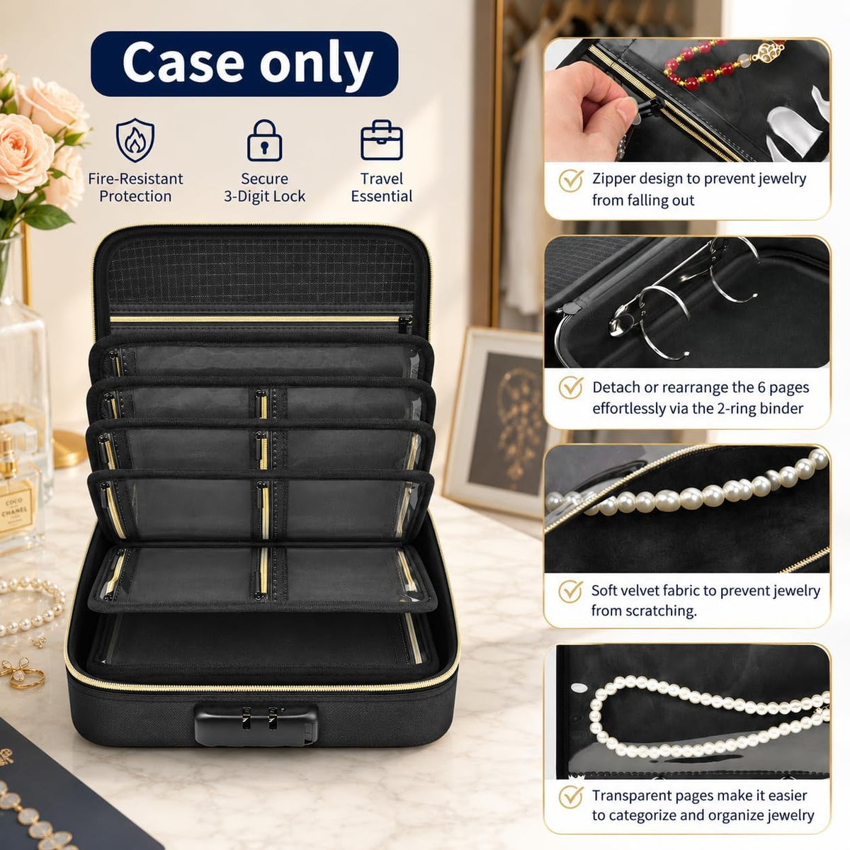 Fireproof Travel Jewelry Organizer Case with Lock 6-Page Binder | Clear PET Pages for Necklaces, Earrings, Rings & Bracelets, Carry-Ons Craft Fairs & Home Storage (Bag Only)