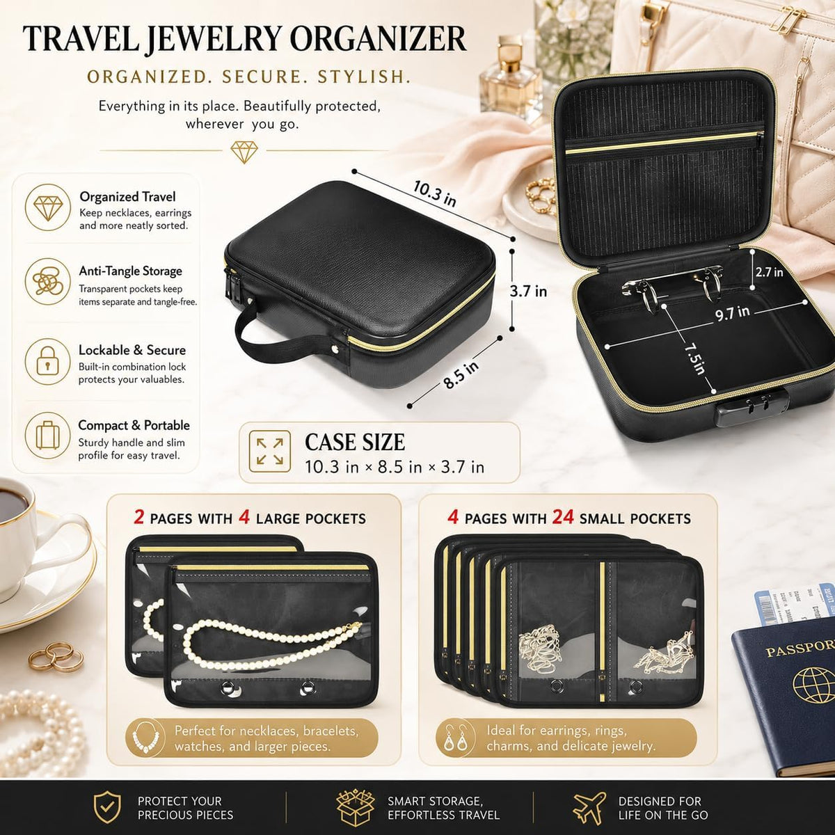 Fireproof Travel Jewelry Organizer Case with Lock 6-Page Binder | Clear PET Pages for Necklaces, Earrings, Rings & Bracelets, Carry-Ons Craft Fairs & Home Storage (Bag Only)