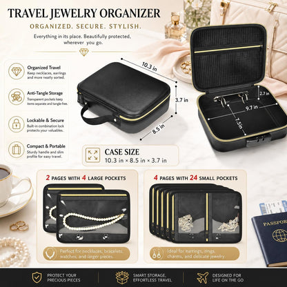 Fireproof Travel Jewelry Organizer Case with Lock 6-Page Binder | Clear PET Pages for Necklaces, Earrings, Rings & Bracelets, Carry-Ons Craft Fairs & Home Storage (Bag Only)